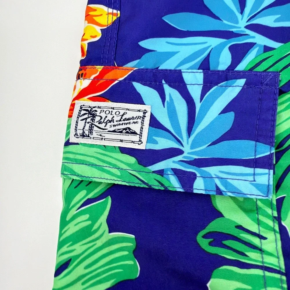 Polo Ralph Lauren Swim Trunks Mens M Blue Floral Tropical Hibiscus Beachwear